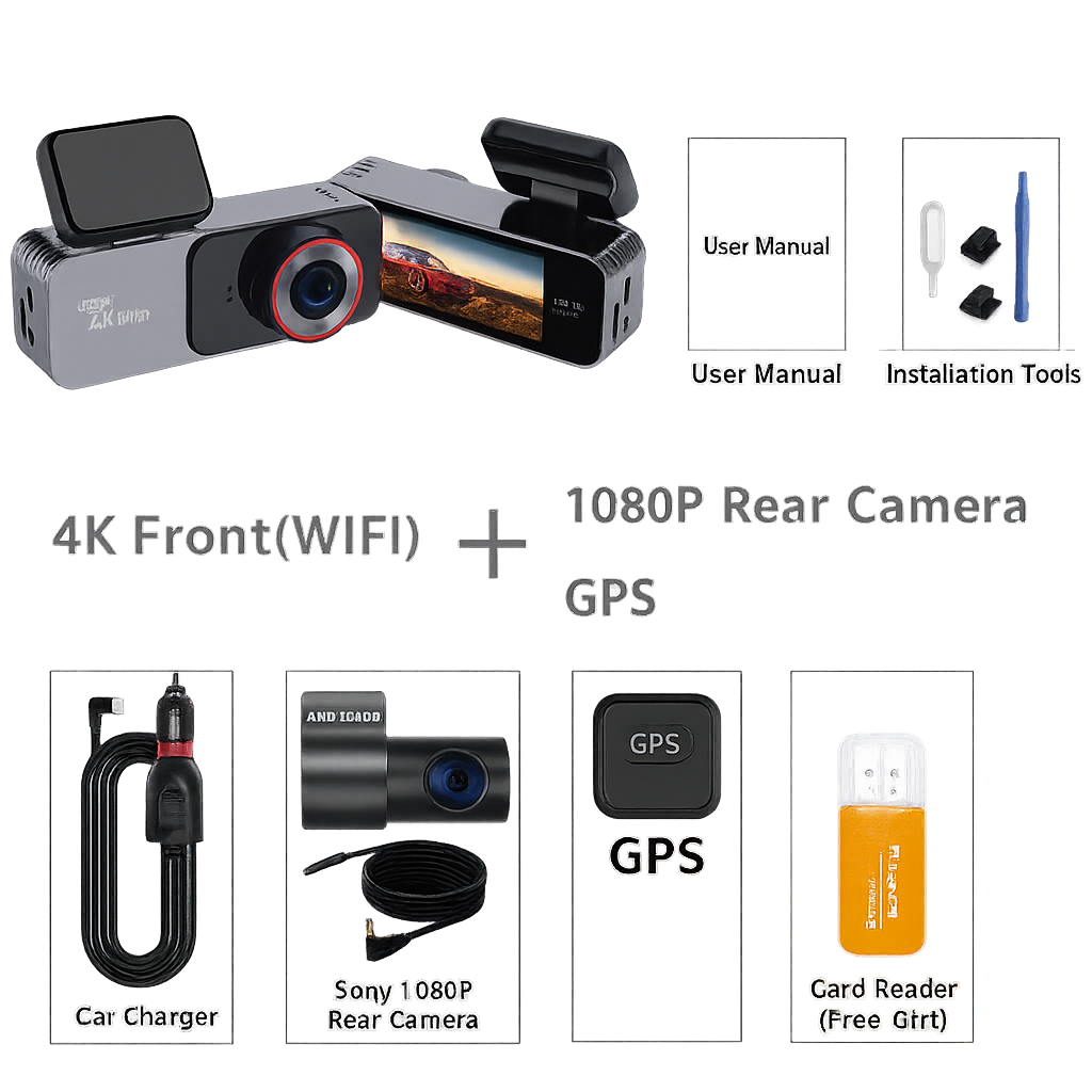 Cámara de tablero dual 4K con GPS y visión nocturna